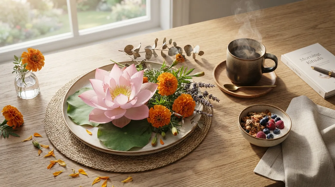 Decorative morning arrangement of pink lotus and orange marigold flowers with coffee cup