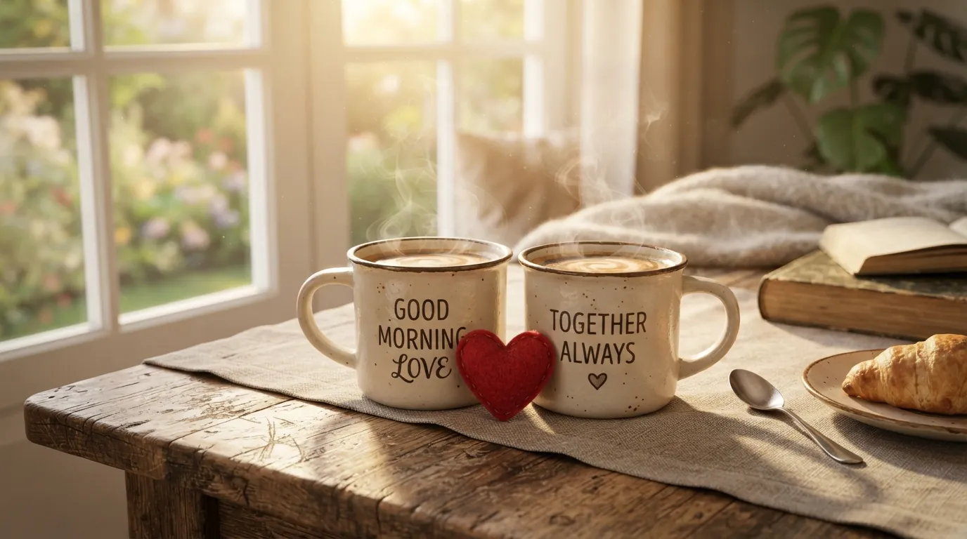 A beautiful romantic morning scene with two coffee cups and a red heart token, symbolizing good morning love images.