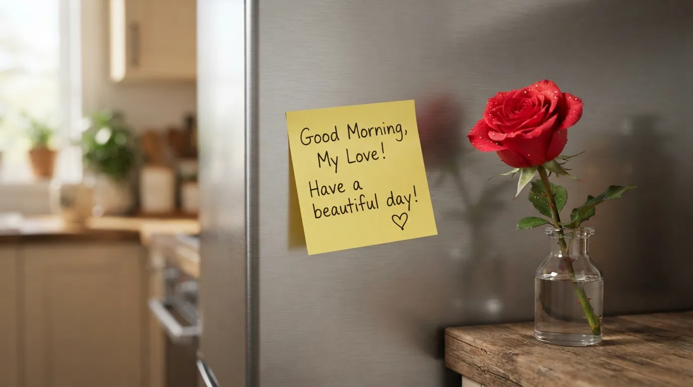 A yellow sticky note with a handwritten good morning love message