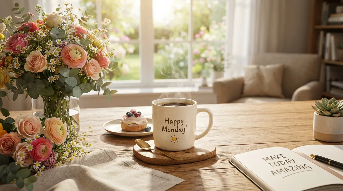 A bright and cheerful good morning Monday image featuring a hot cup of coffee on a rustic wooden table surrounded by fresh spring flowers to start the week positive.