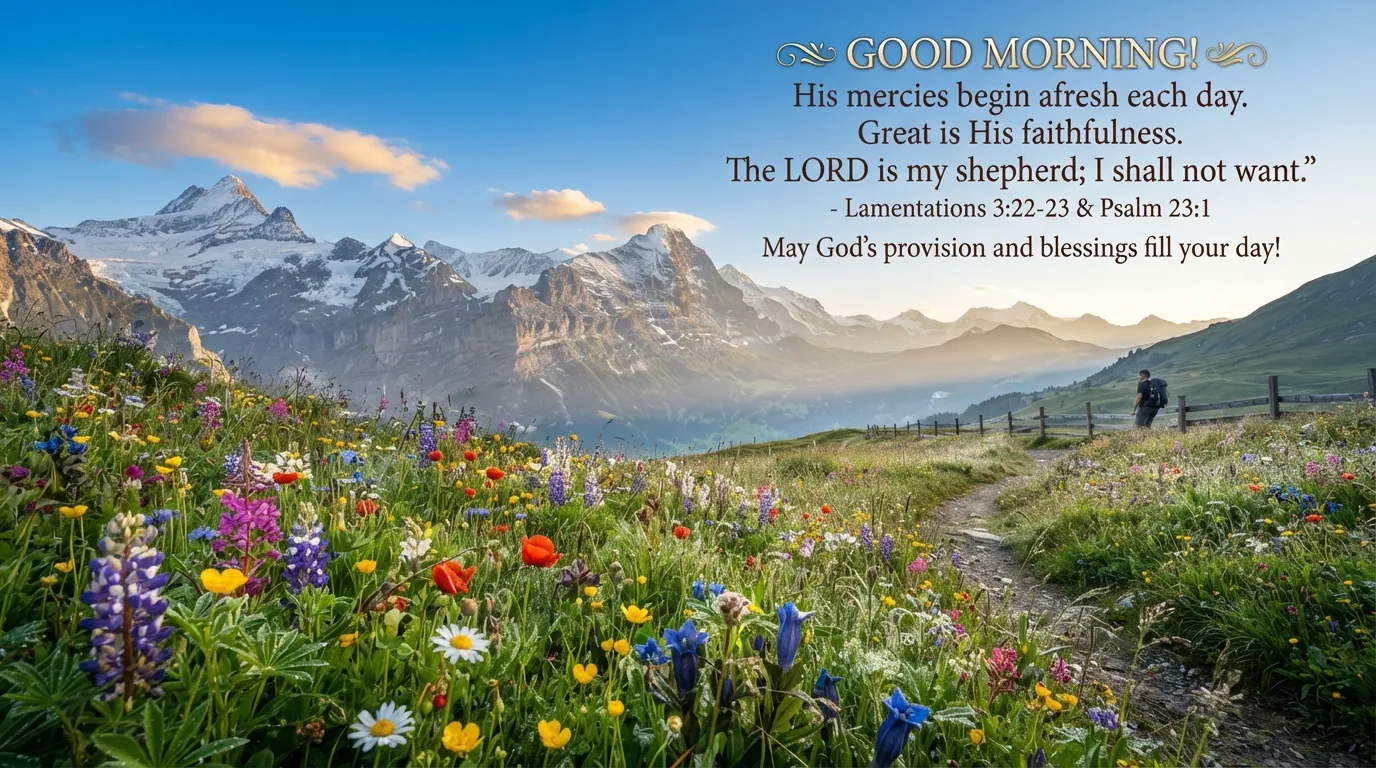 A mountain meadow with wildflowers and a bible verse, perfect for sharing as a good morning blessing.