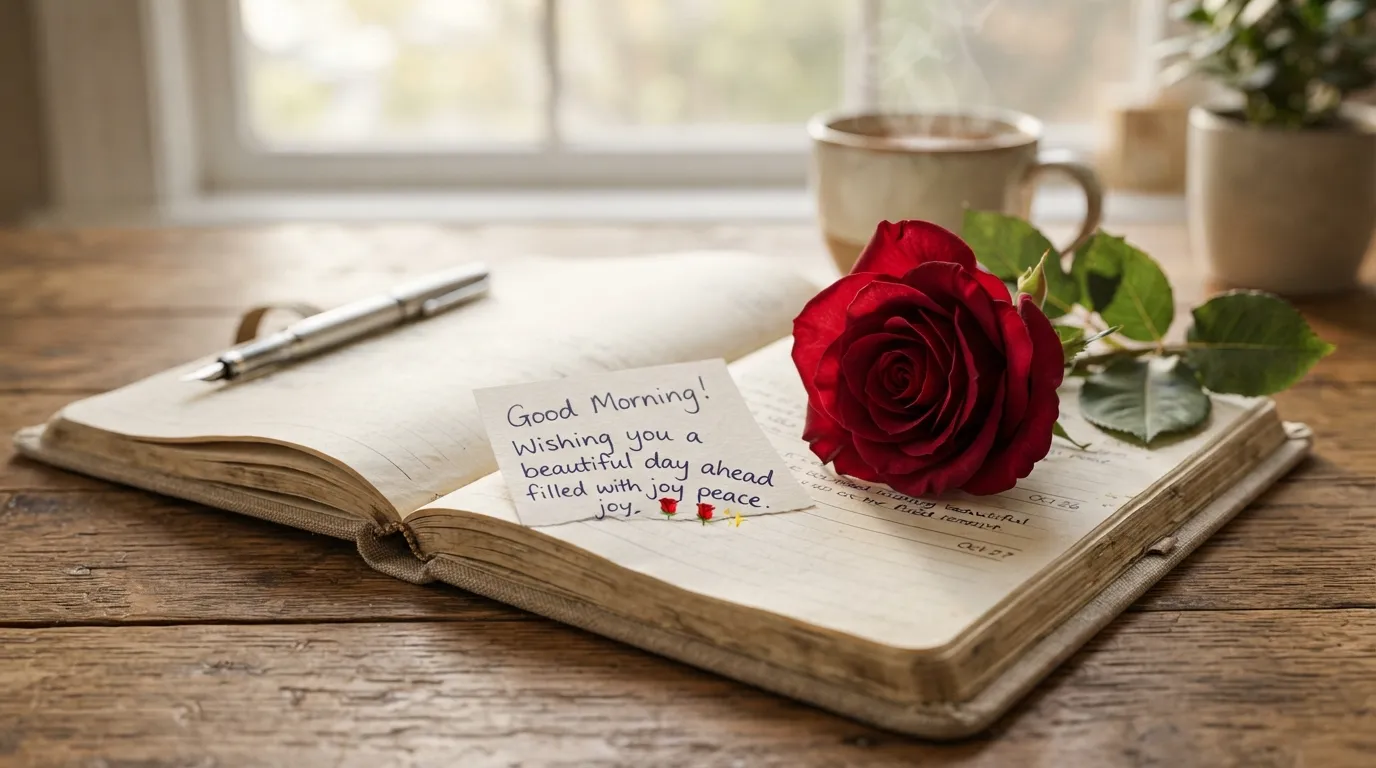 Red rose placed on an open journal with Good Morning handwritten on the page