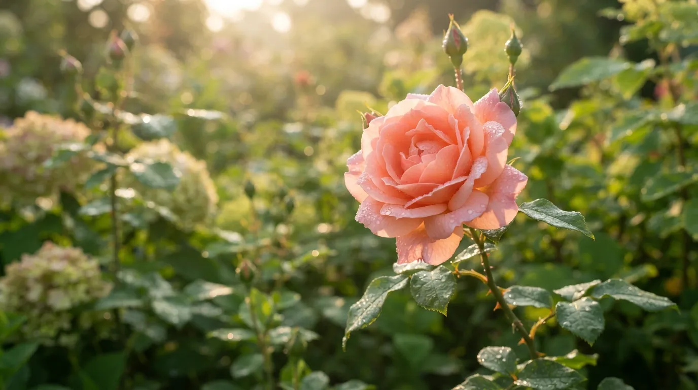A beautiful fresh pink rose with morning dew drops on its petals.