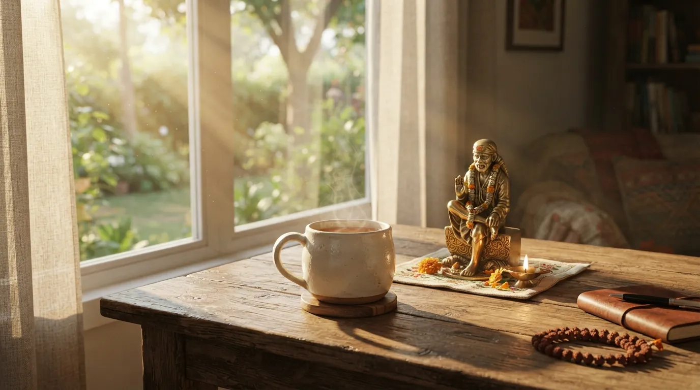 A warm morning scene with a cup of coffee and a small Sai Baba idol on a wooden table
