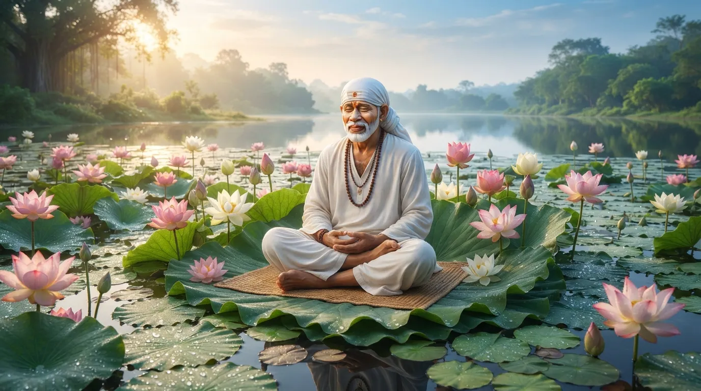Sai Baba sitting in meditation surrounded by glowing lotus flowers in a morning lake