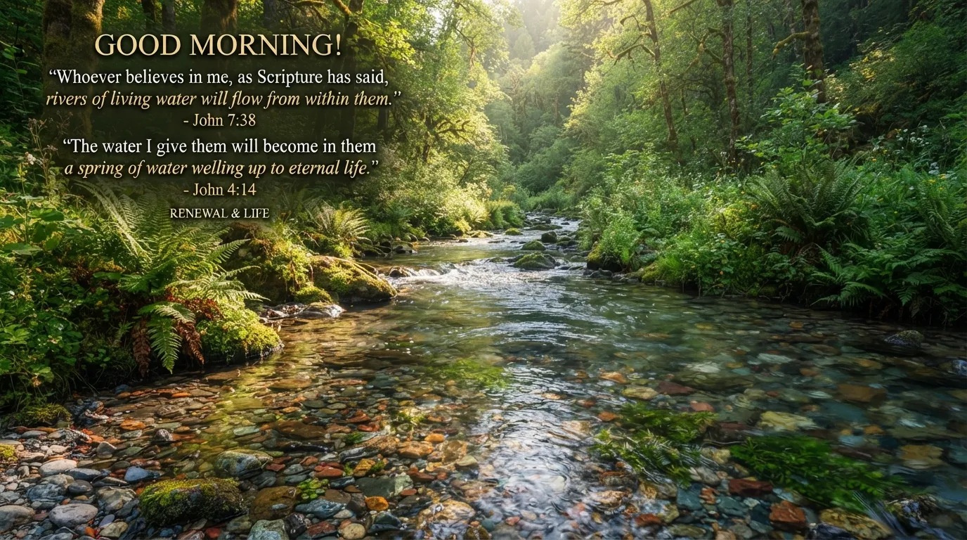 A gentle stream flowing through a forest with a bible verse, offering inspiration for a good morning.