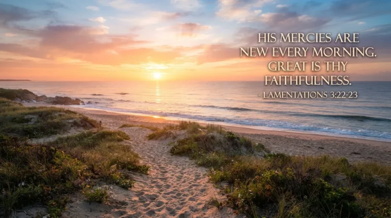 A beautiful sunrise over a calm ocean with a bible verse, ideal for good morning greetings.