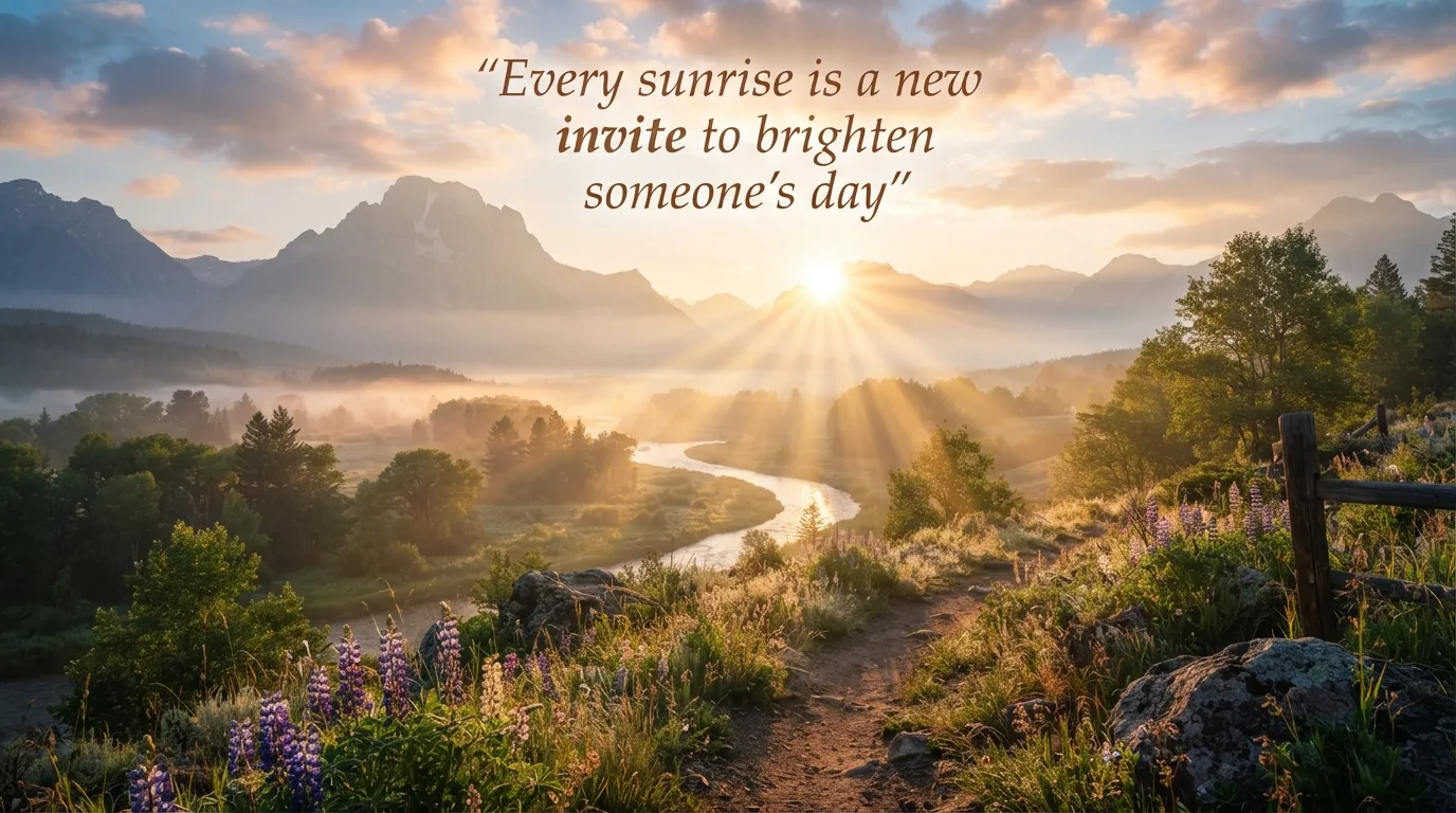 A beautiful golden sunrise over a misty lake with a coffee cup and a positive morning quote.