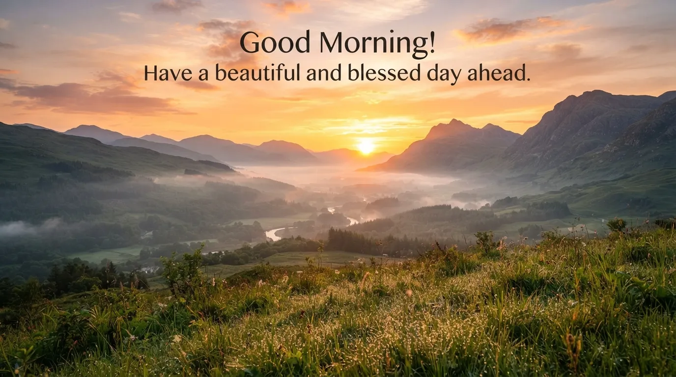 Golden sunrise landscape with inspiring English morning quote for WhatsApp.