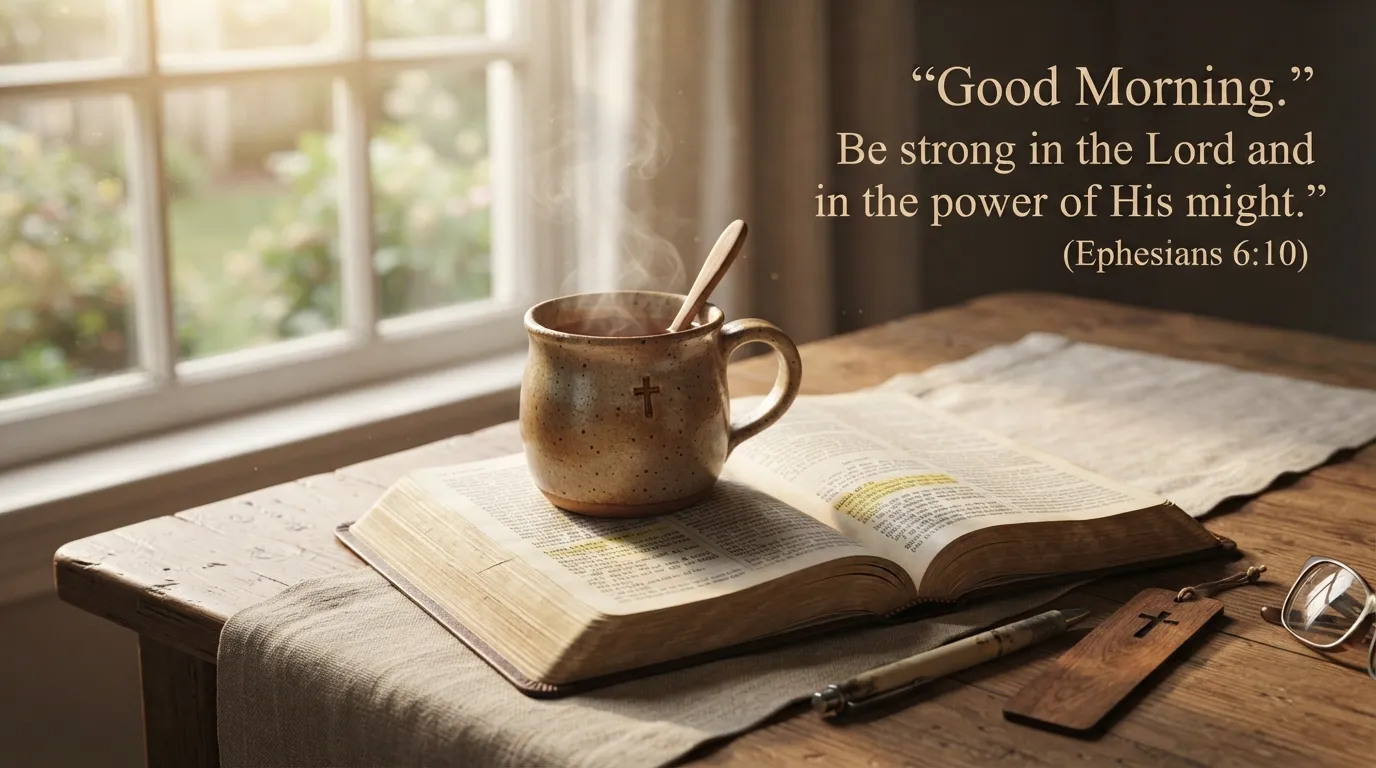 A simple good morning image featuring a mug of tea, an open bible, and an inspiring verse.