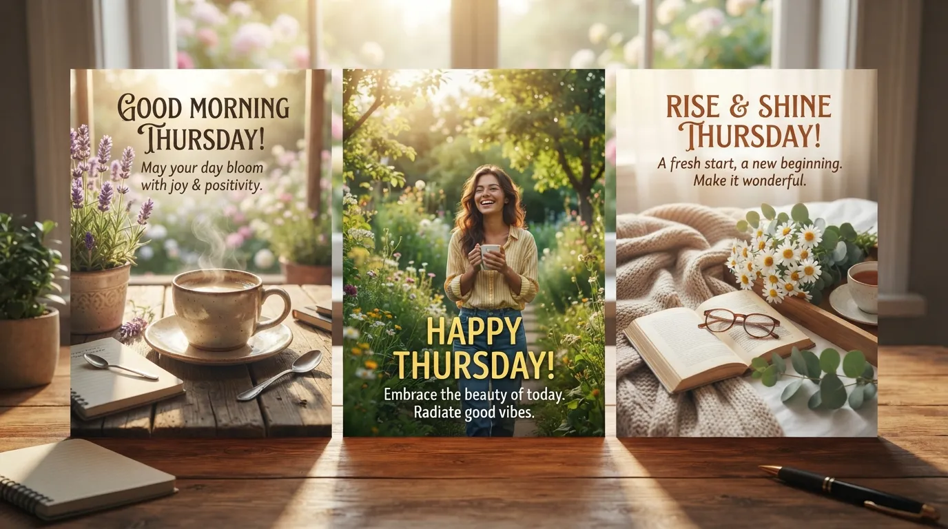 A beautiful and bright good morning Thursday image with a fresh cup of coffee and flowers.