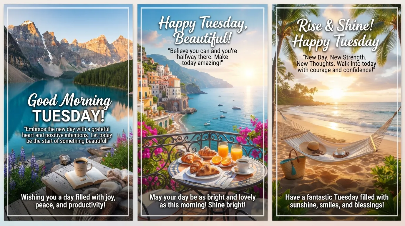 A beautiful and bright good morning Tuesday image with a fresh cup of coffee, flowers, and positive vibes to start the day.