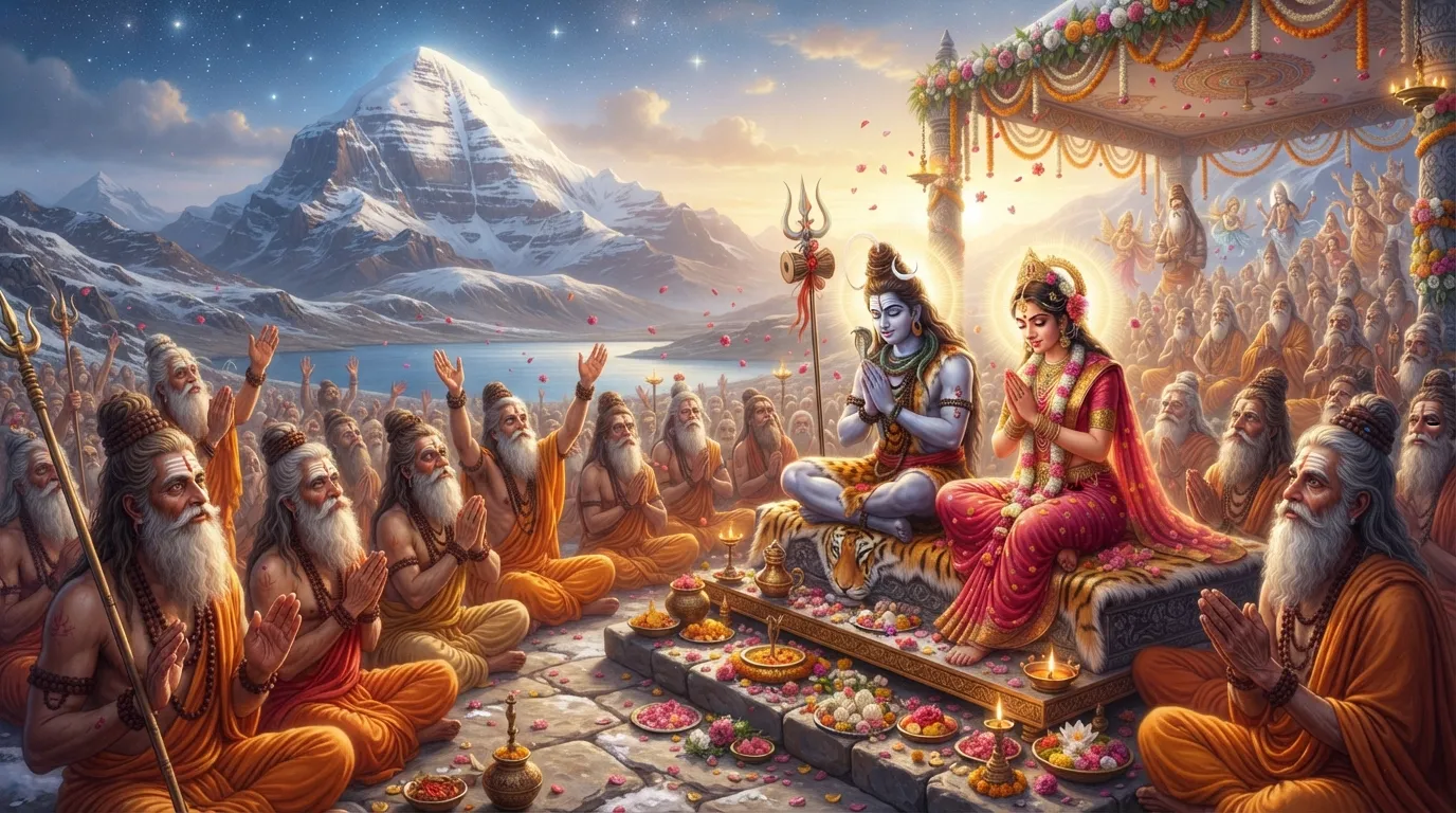 A group of ancient rishis and sages with long beards and rudraksha beads blessing Lord Shiva and Goddess Parvati with folded hands.