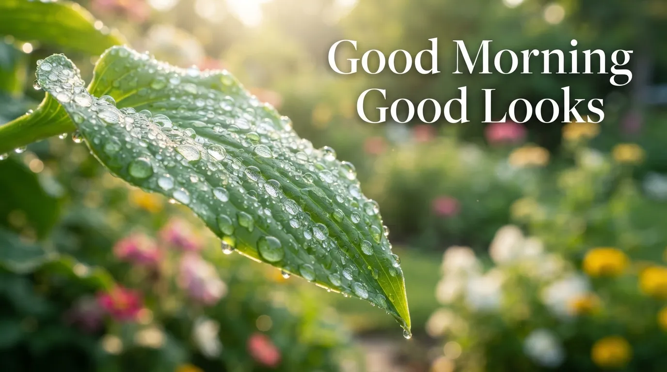 Fresh green leaves with morning dew drops and inspiring morning greeting.