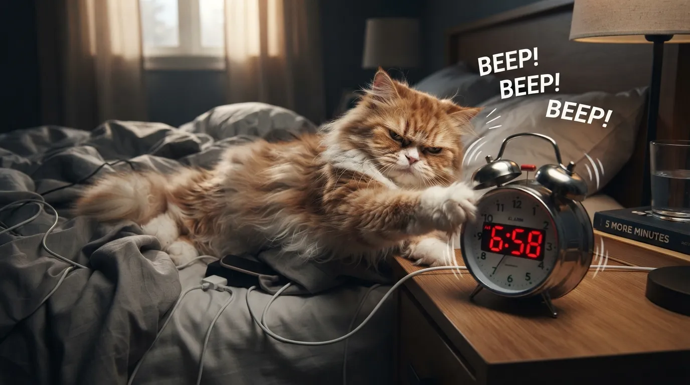 A cute grumpy cat fighting with a loud ringing alarm clock in the morning.
