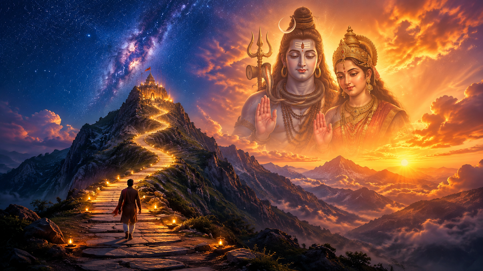 A dramatic digital artwork showing a glowing stone path leading towards a mountain temple with ethereal figures of Shiv Parvati guiding the way.