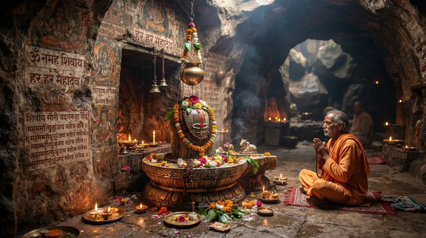Ek gupha mandir mein sthit Bholenath Shivling.