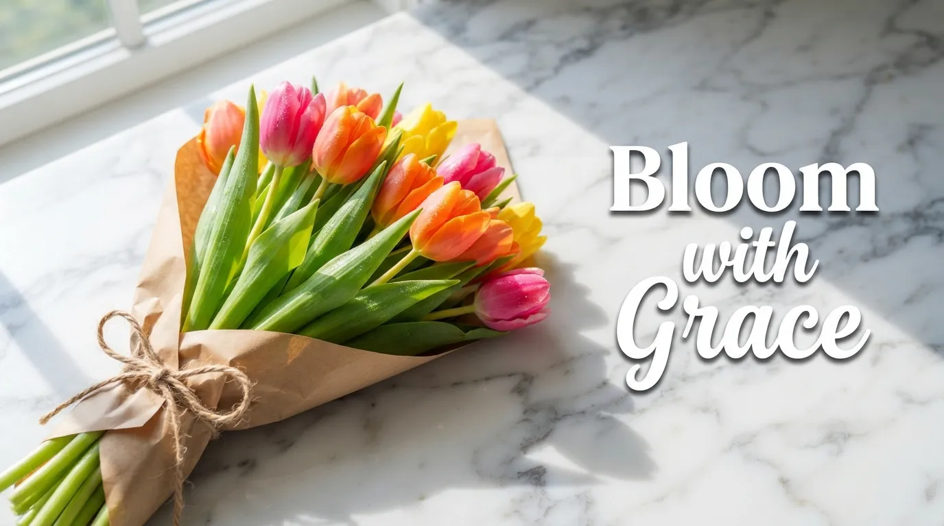 Bouquet of colorful tulips in bright daylight for Tuesday wishes.