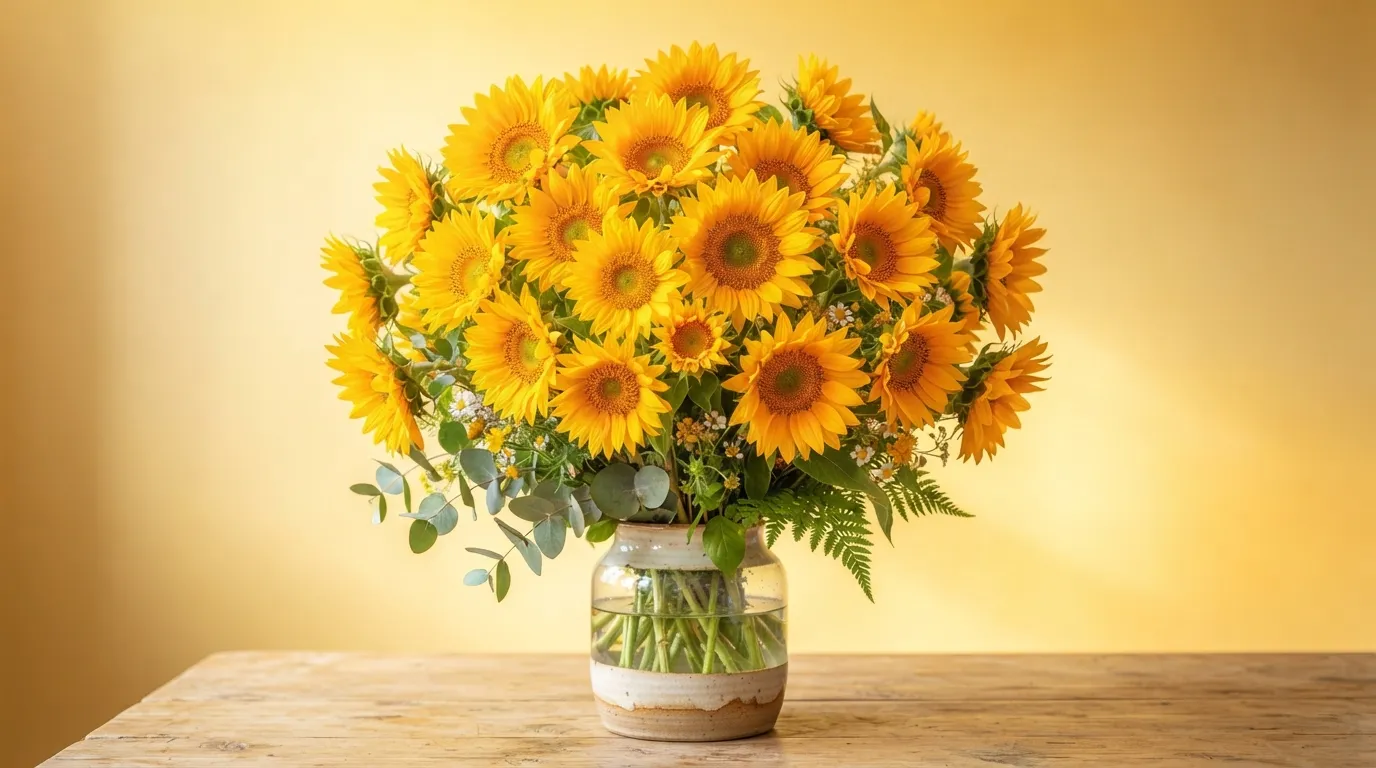 A bunch of bright yellow sunflowers on a sunny background for Saturday wishes.