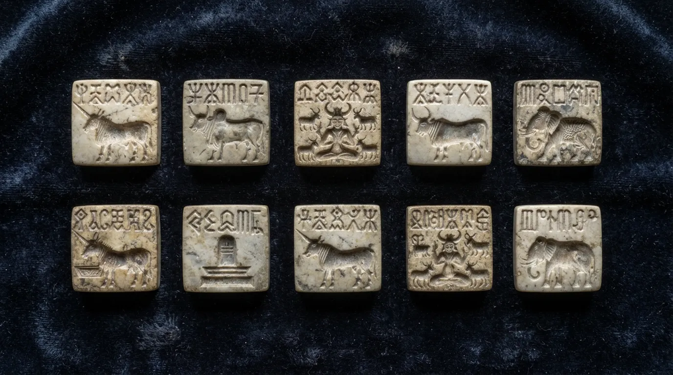 A collection of small steatite seals and amulets depicting various deities from the Indus Valley.