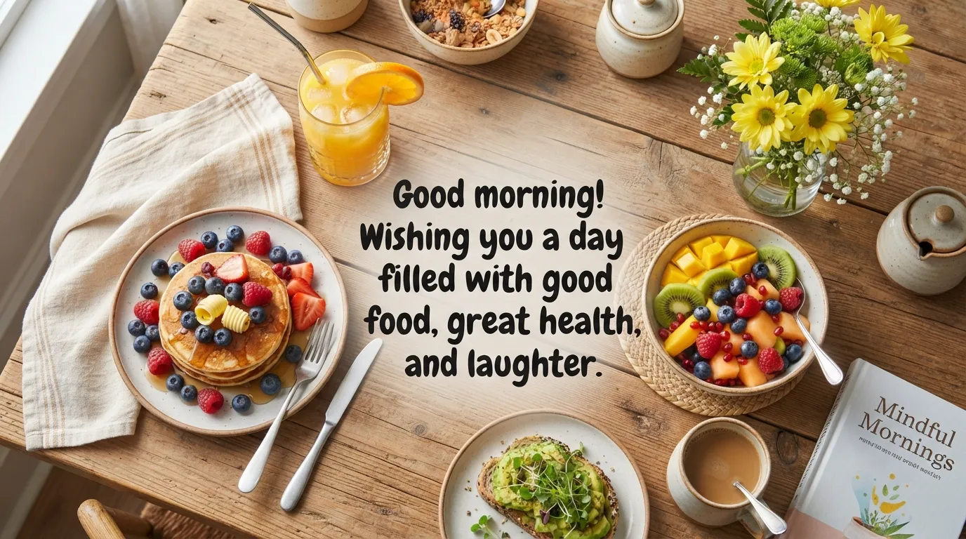 A colorful healthy breakfast table with fruits, juice, and pancakes.