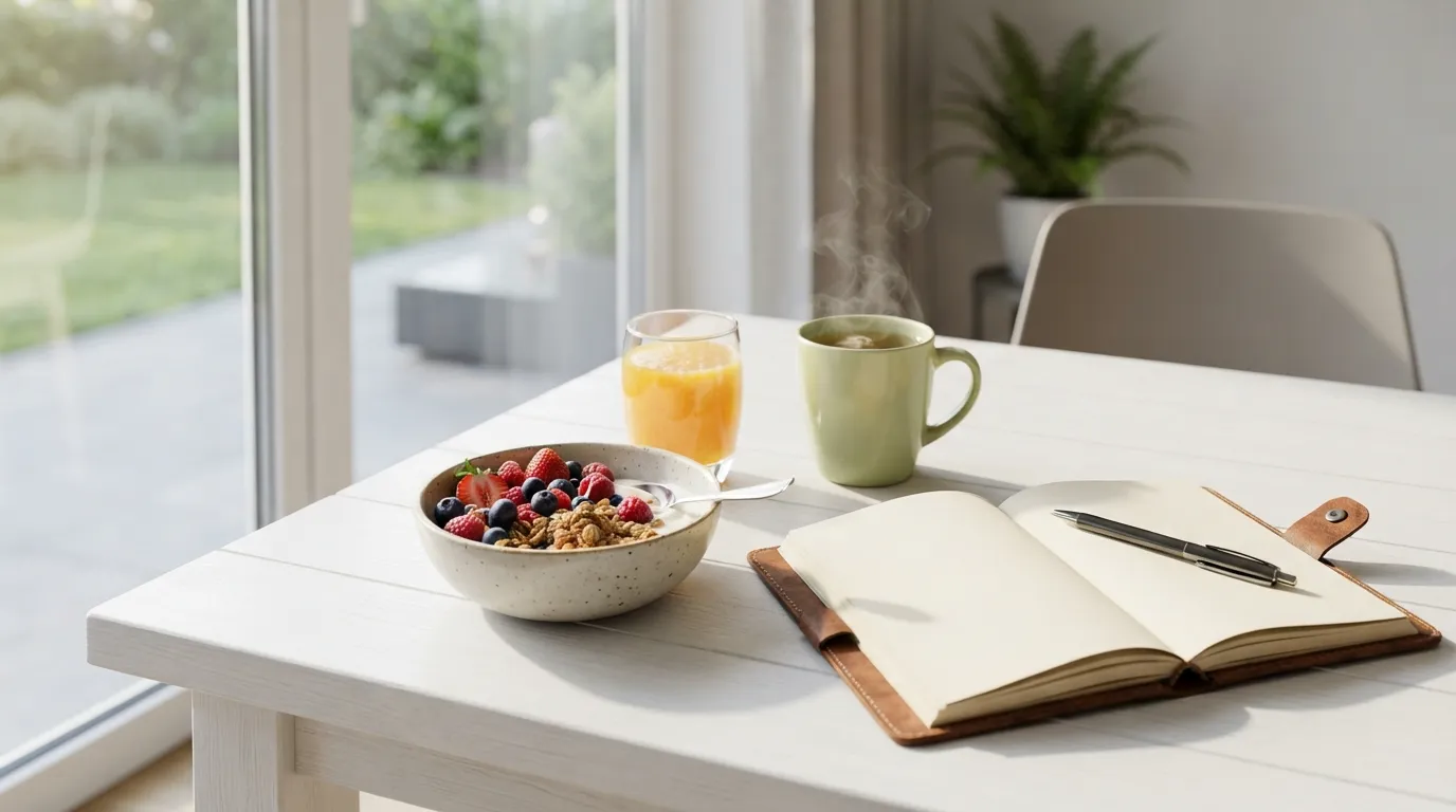 A beautifully arranged morning table with a bowl of fruits, orange juice, and an open notebook.