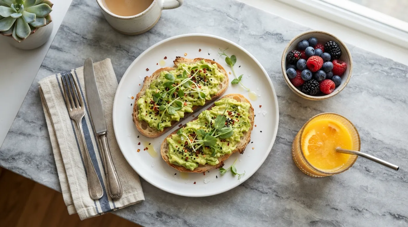 Modern good morning images of a healthy avocado toast breakfast.