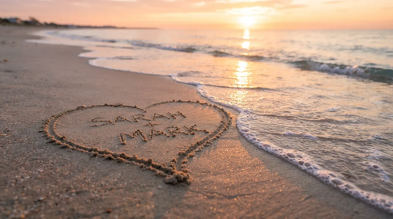 A heart symbol drawn in wet sand on the beach during morning golden hour