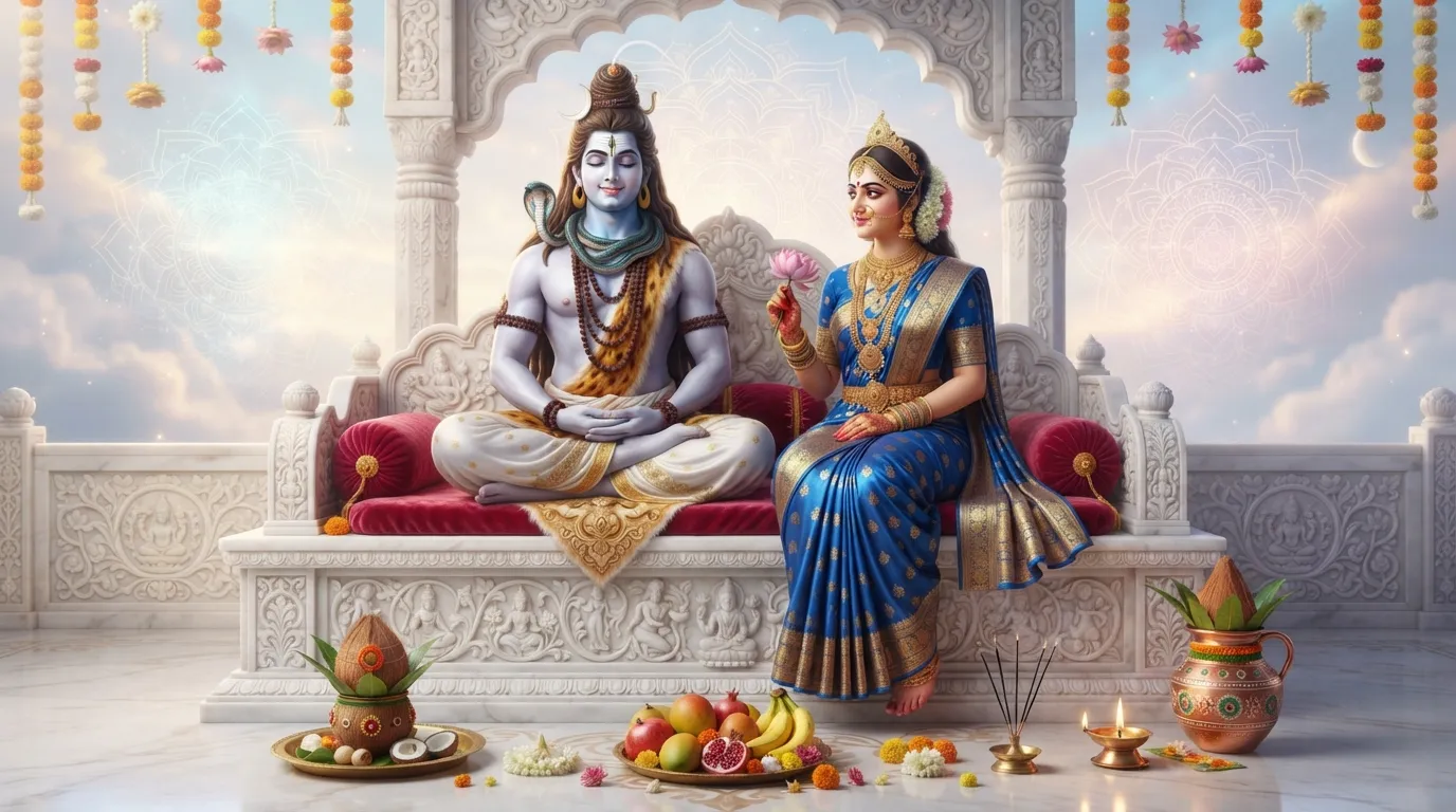 Seated divine couple on a white marble platform with a spiritual background