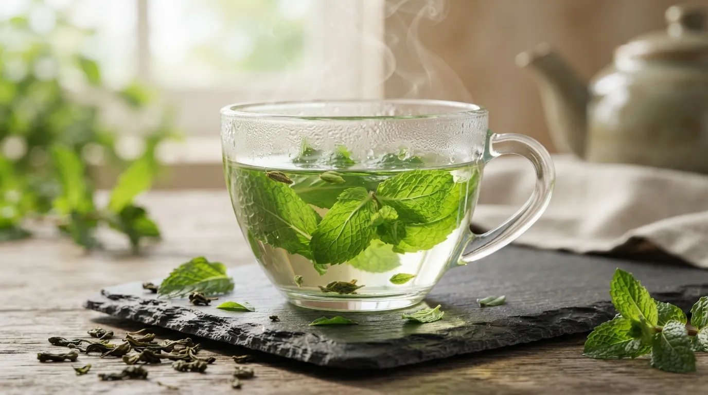 A transparent glass teacup with green tea and mint leaves on a stone coaster in morning light.