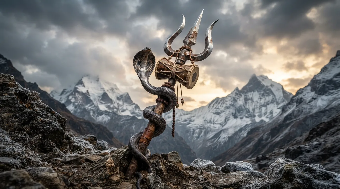 A close-up 4k wallpaper of Lord Shiva's Trishul (trident) with a Damru attached, standing in front of Mount Kailash.
