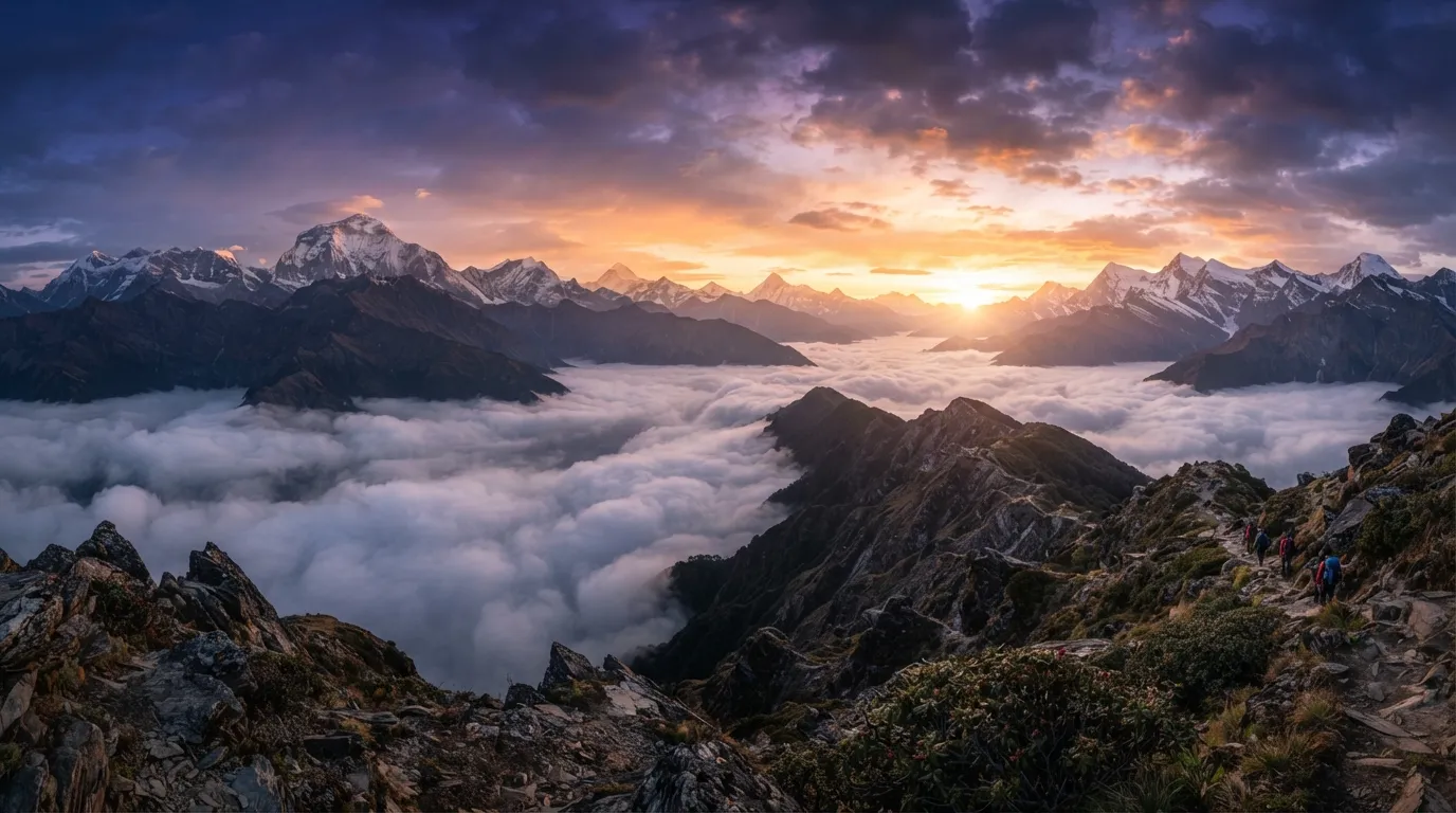 Panoramic view of a sunrise over a foggy mountain landscape in full HD.
