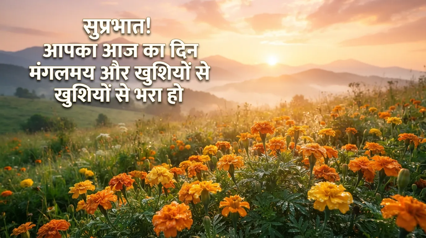 Sunrise background with beautiful orange flowers and good morning text in Hindi.