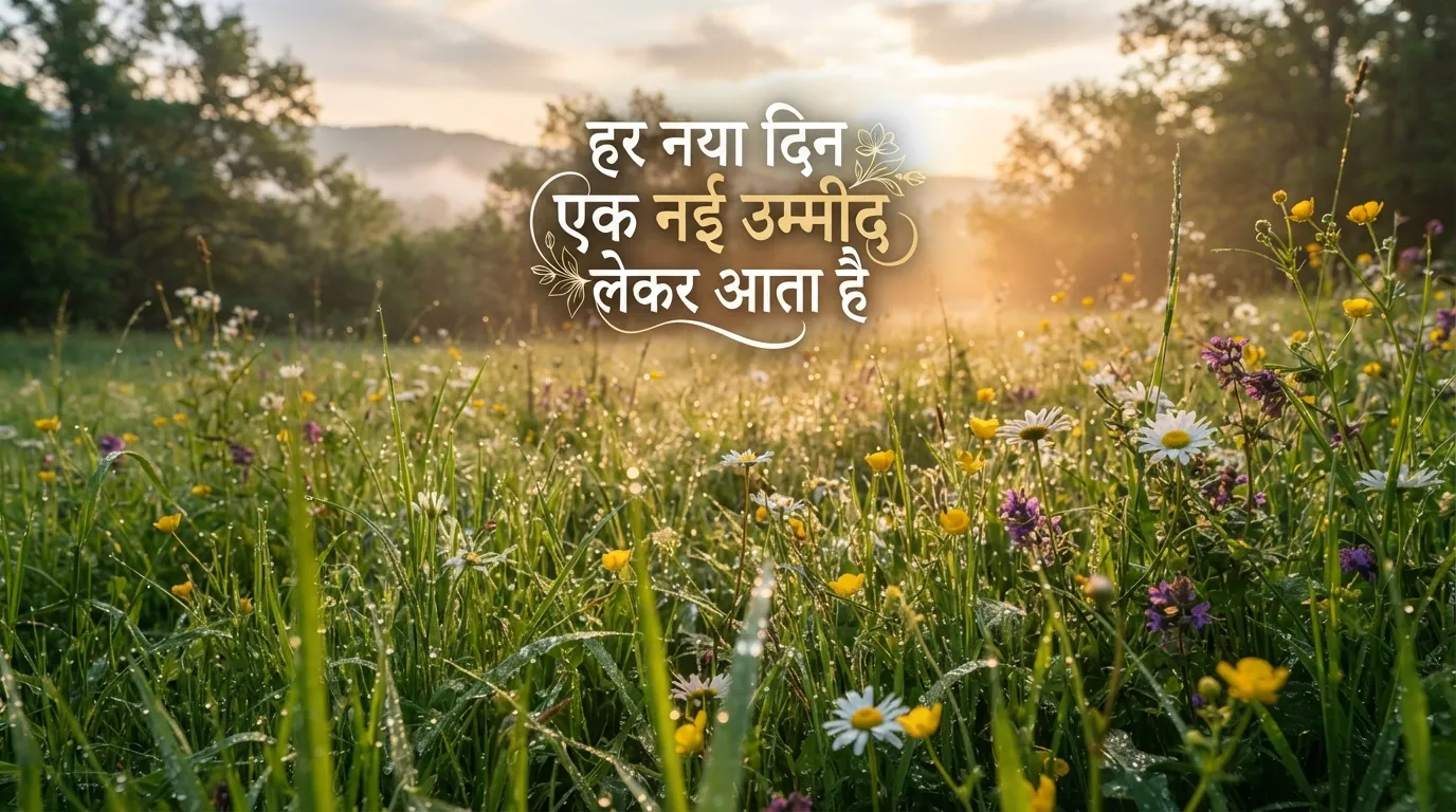Fresh green morning park with blooming flowers and Hindi सुप्रभात motivational quote.