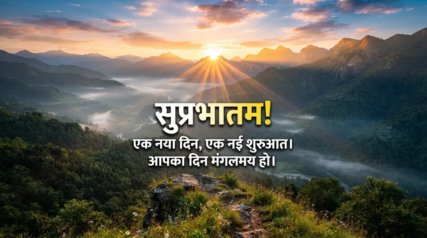 Sun rising behind green mountains with Hindi good morning quote.