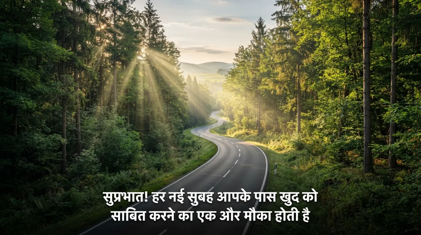 A winding road through a green forest with morning sunbeams and Hindi motivational quote.