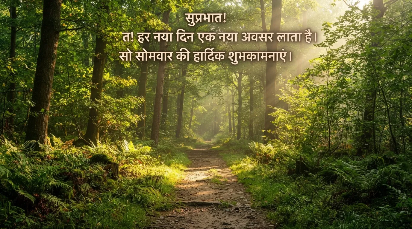 Inspirational pathway through a forest with Hindi Monday motivation quote.