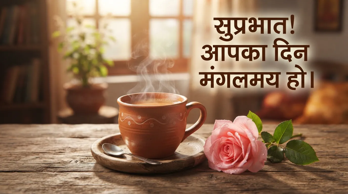 Hot morning tea cup with a pink rose and Hindi good morning wishes text.