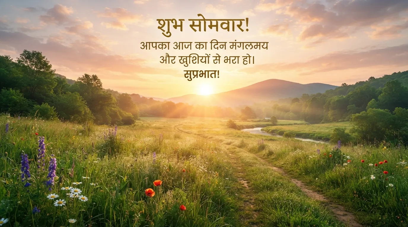 Beautiful sunrise over a green field with Hindi Good Morning Monday wishes.