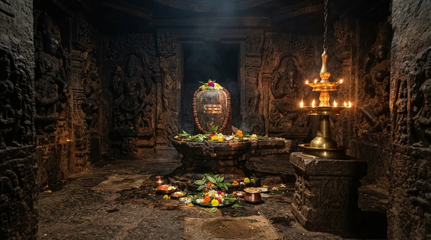 Full HD historic photograph of a revered stone Shivling located inside a dark, ancient rock-cut temple sanctum.