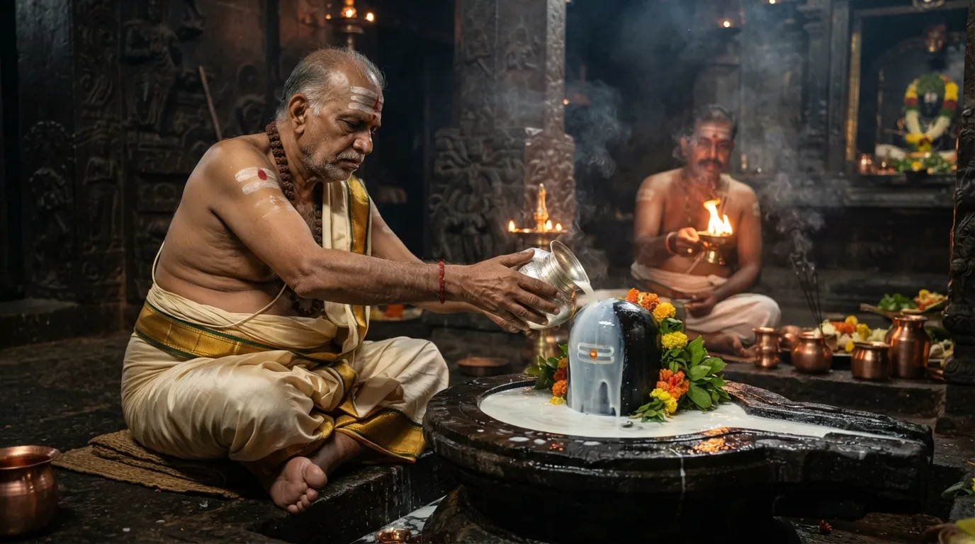 Priest performing milk Abhishekam on Rameshwaram Temple Shivling inside Karpagragam.