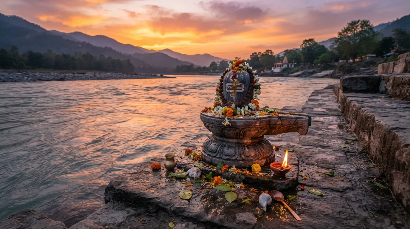Stone shivling on the banks of river Ganga during a peaceful sunset or sunrise.