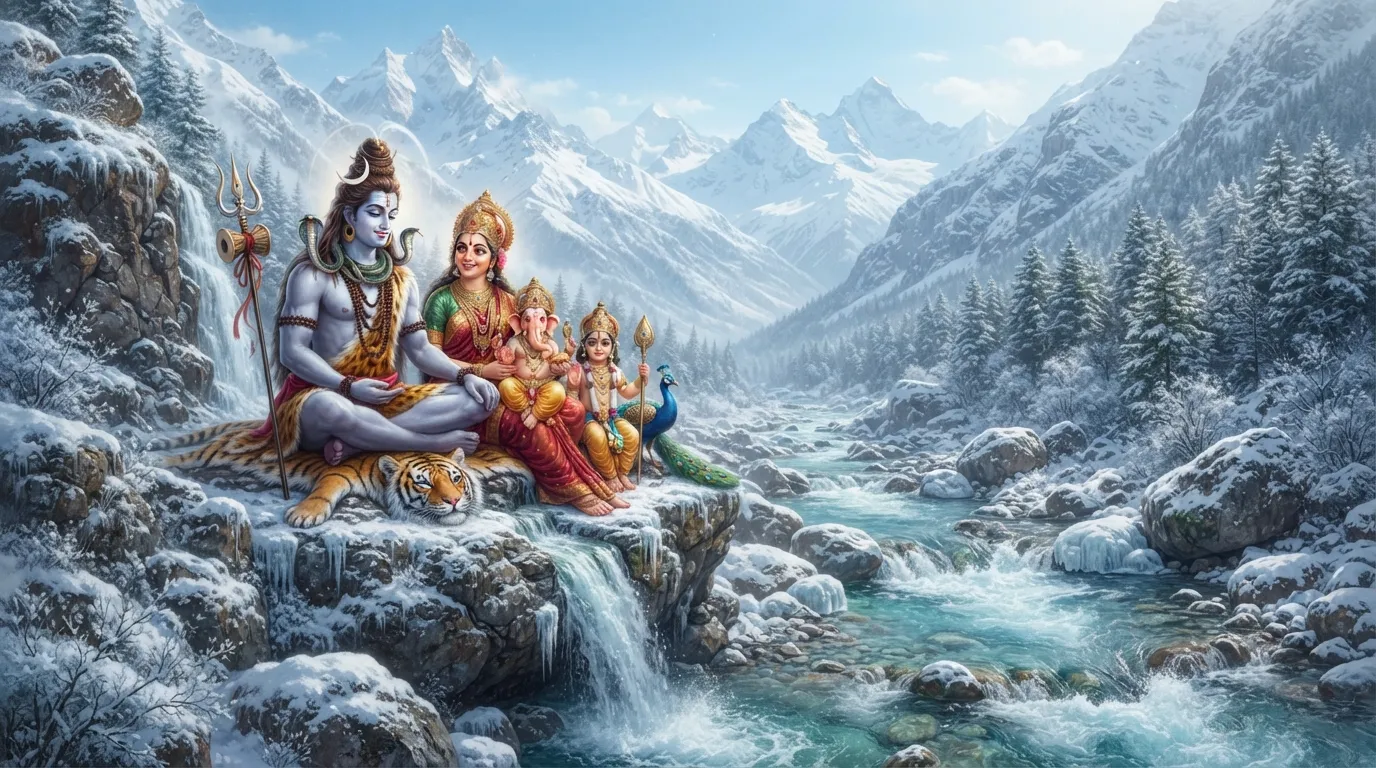 The sacred river Ganga flowing through icy rocks next to the seated Shiva family in the snow.