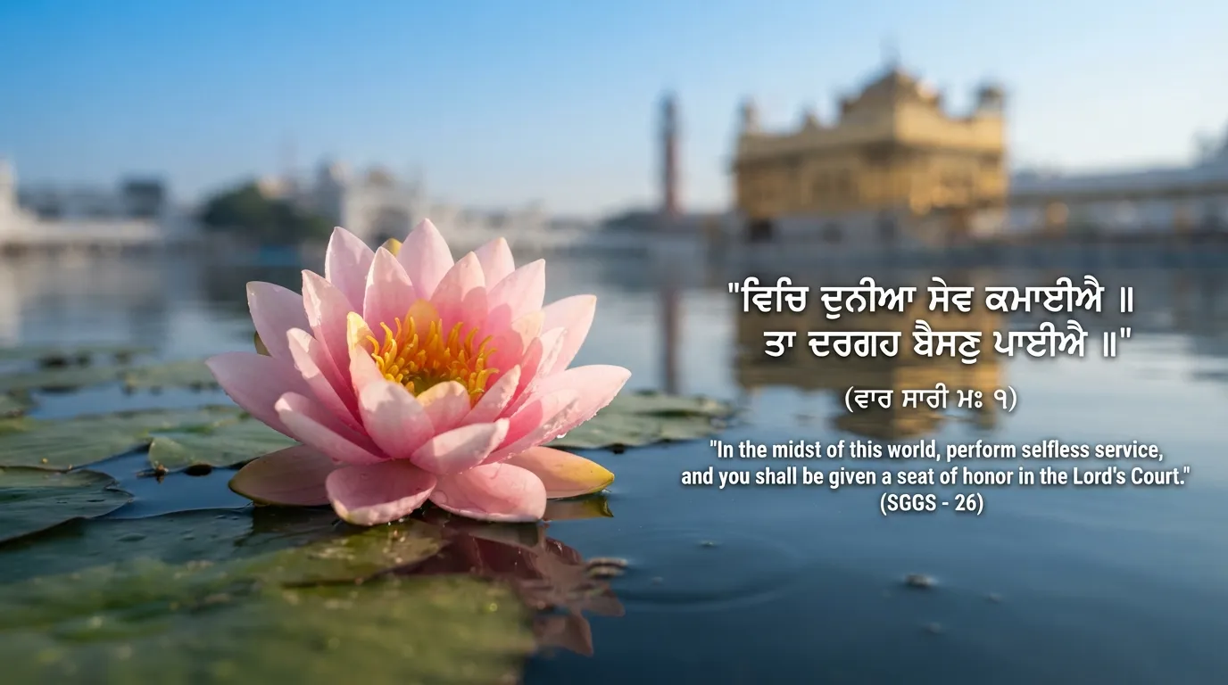 A beautiful pink lotus floating on clean water with morning Gurbani blessings.
