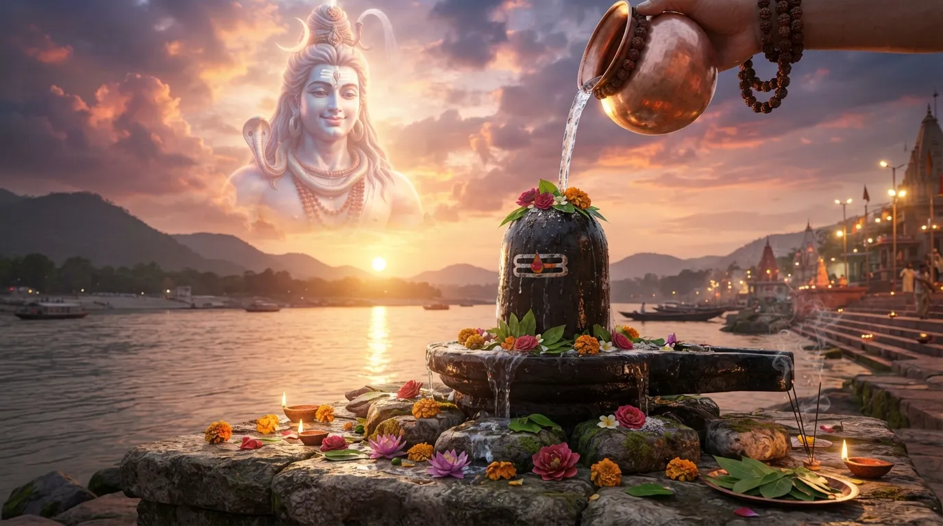 Holy Shiva Lingam 3D photo with a large transparent shadow of Lord Bholenath in the sky.