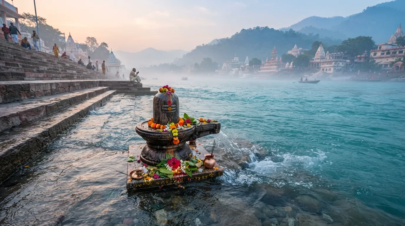 Full HD beautiful scenery of a Shivling placed at the edge of the flowing holy water of river Ganga.