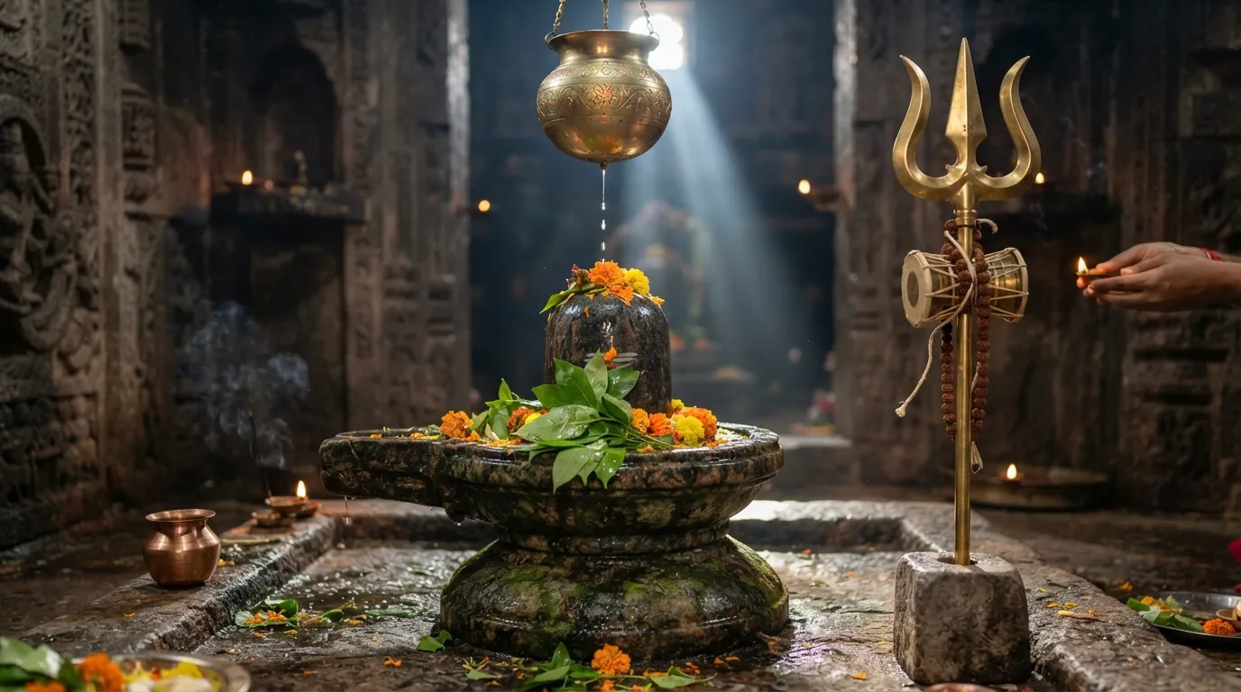 Beautiful Shivling bholenath ke photos with glowing Trishul and flowers