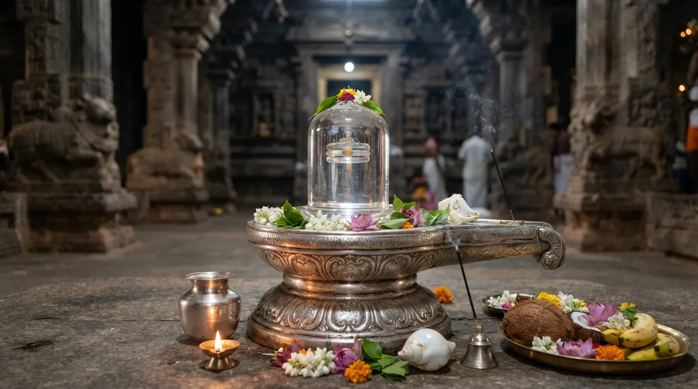 The crystal Spatika Lingam worshiped during early morning hours at Rameshwaram Temple.