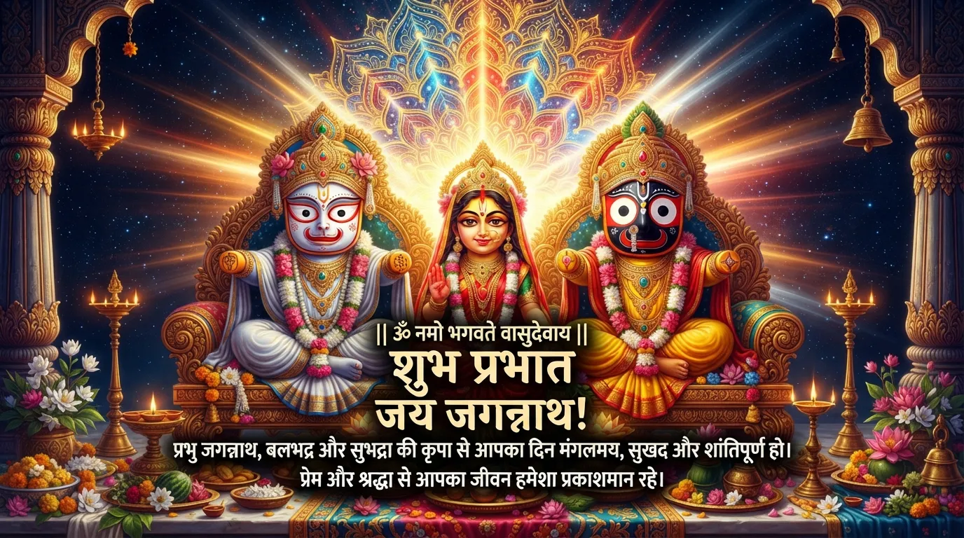 Holy Trinity of Puri Jagannath temple with Hindi morning greetings for Ratha Yatra.