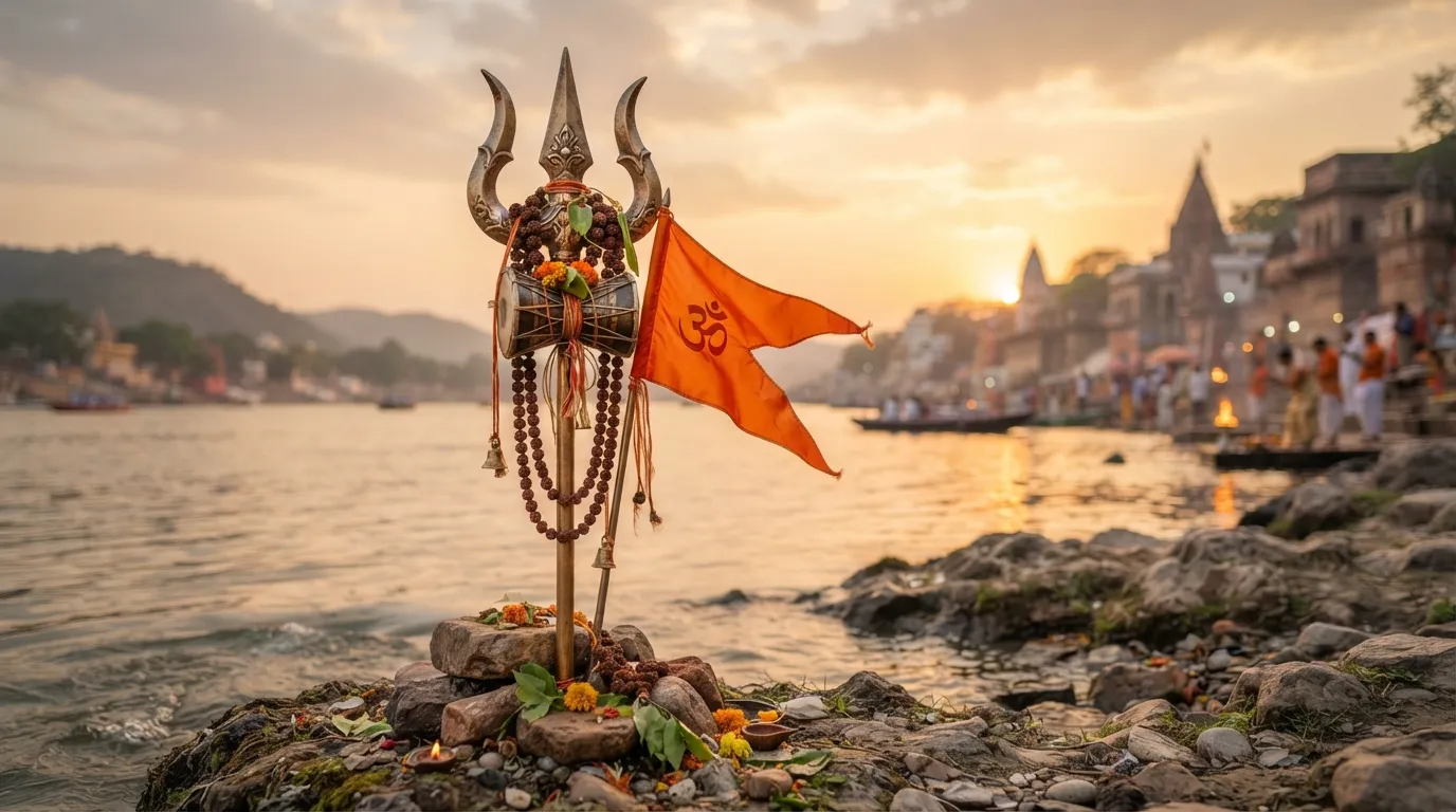 Detailed close-up of Lord Shiva's Trishul with Damru and holy rudraksha beads hanging on it.